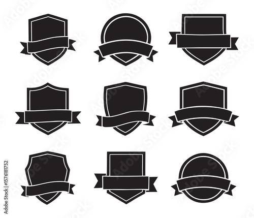 set of blank black shield and circle badge logo templates with banners
