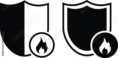 Shield with fire icon set. Heat resistant sign. Fire resistance. Shield with fire, isolated on white background. Vector illustration

