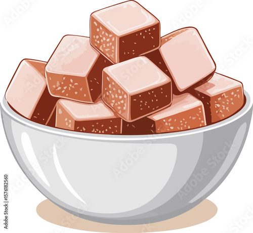 Bowl of Sugar Cubes with Sparkling Crystals Vector Illustration, Transparent Background.