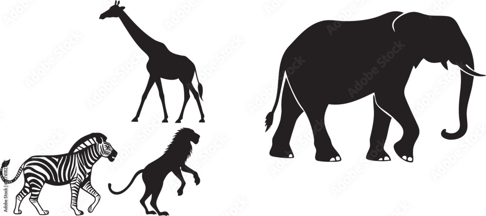 Obraz premium Vector silhouettes of wild animals, including giraffe and deer, in an artistic black outline illustration