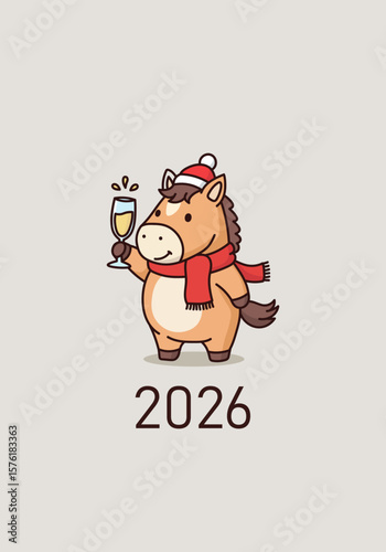 A cute cartoon horse in a Santa hat celebrates with a glass of champagne. Festive vertical card for New Year's Eve party and 2026, the Year of the Horse. Vector illustration for a cheerful holiday