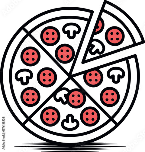 Stylized illustration of a pepperoni and mushroom pizza with one slice removed