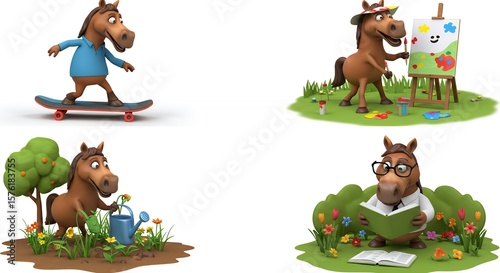 Cartoon horses in various activities