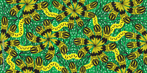 African pattern. ethnic traditional green pattern. seamless beautiful Kitenge, chitenge, Ankara style. fashion design. Geometric floral abstract motif. Yellow Floral Ankara prints, African wax prints