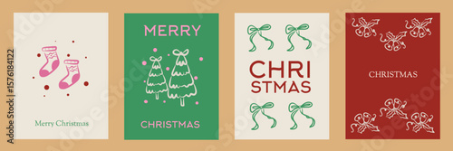 Hand drawn whimsical Christmas doodles. Vector illustration cards, christmas tree icon, bows and socks. Minimalist winter line art. Illustration for invitations, stationery, printables, social media.