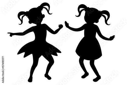 Two girls dancing having fun happy childhood silhouette vector illustration