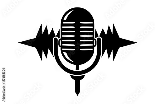 Classic microphone sound wave podcast audio broadcast silhouette vector illustration