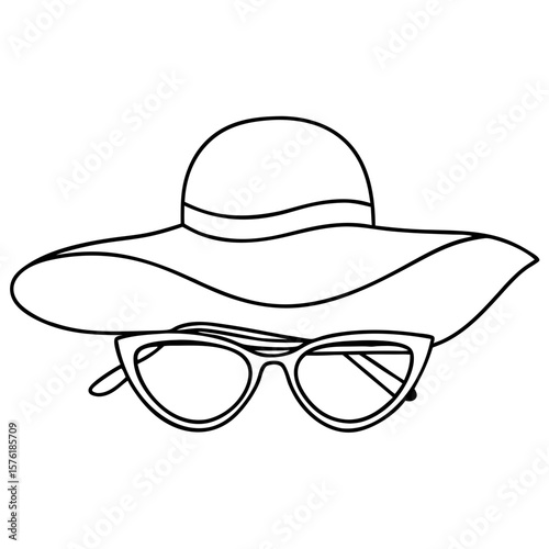 Sunhat and sunglasses displayed as minimalist line drawing on white background. Summer sunhat and sunglasses evoke beach vacation, warm weather and stylish sun protection with simple strokes.