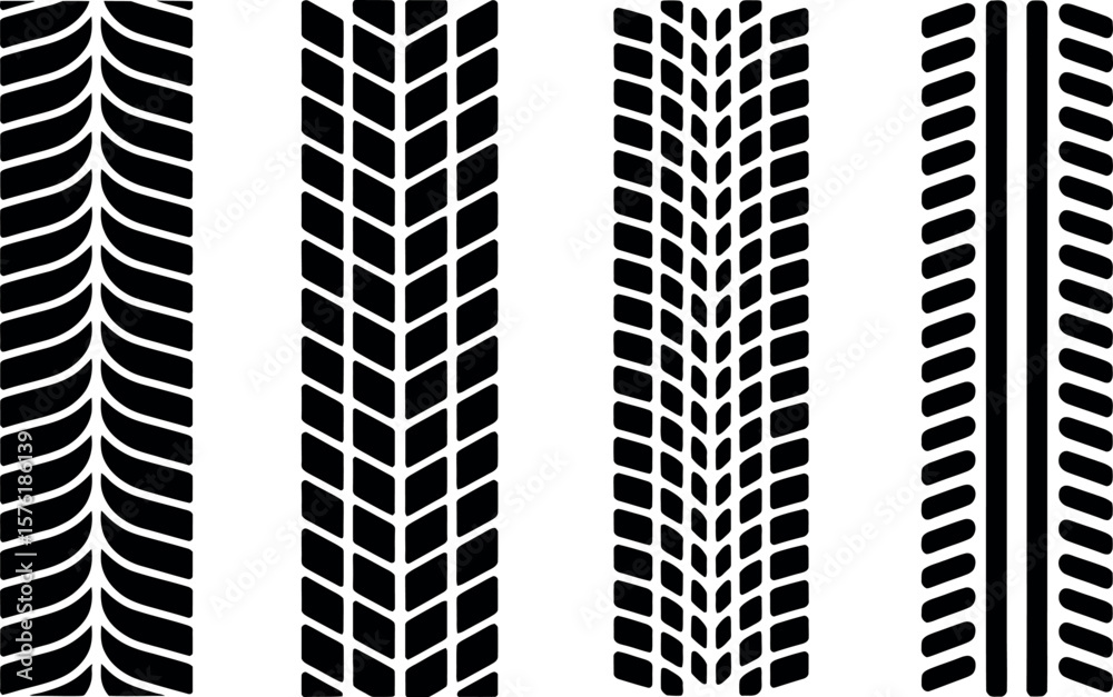 Fototapeta premium Four distinct black tire tread patterns on a white background