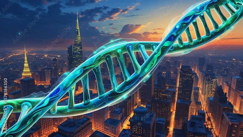 Fototapeta premium Abstract Water Helix DNA Structure over Cityscape