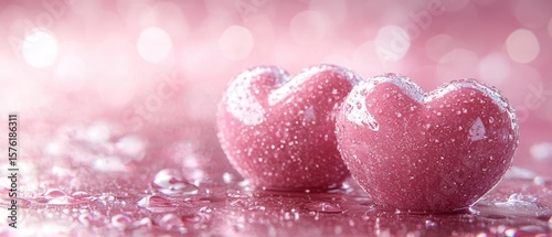 Two pink hearts with water droplets.
