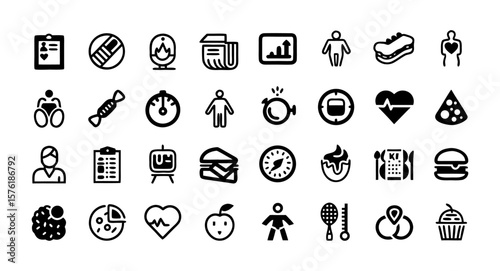 Obesity Health Risks Line Icon Set – Thin Linear Vector Pictograms of BMI Chart, Body Weighing Scale, Diabetes, Cholesterol Issues, High Blood Pressure, Fast Food, and Mental Health

