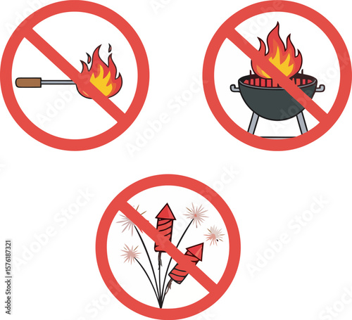 Prohibition signs depicting no open flames, grilling, and fireworks, indicating safety restrictions.