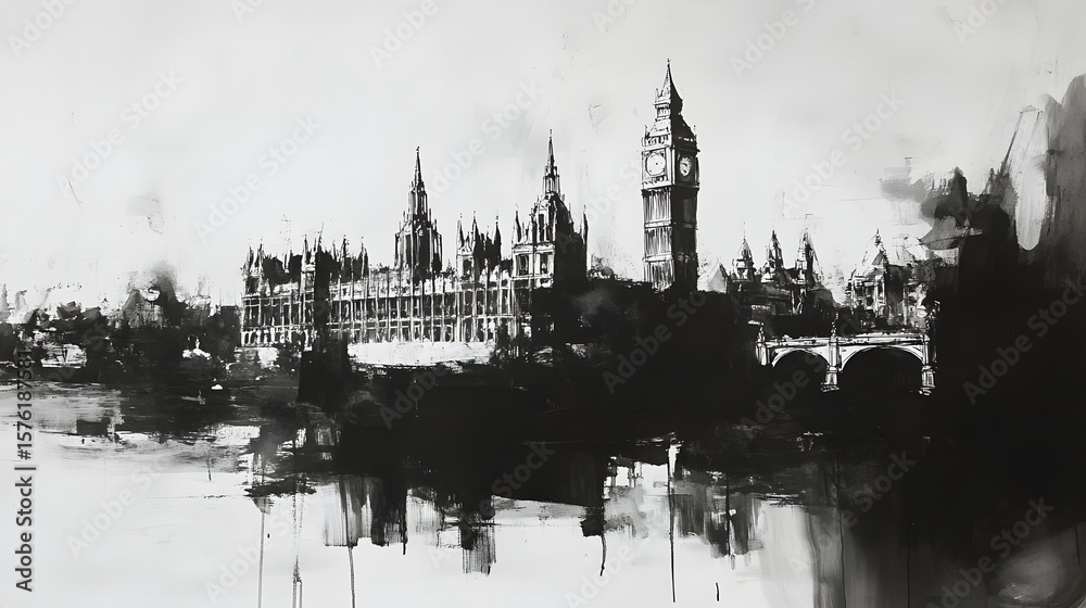 Naklejka premium A monochrome cityscape rendering of the Houses of Parliament.