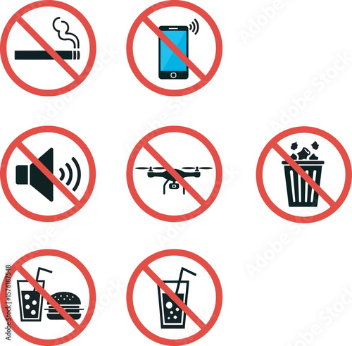 Prohibition signs for various activities in a public space.