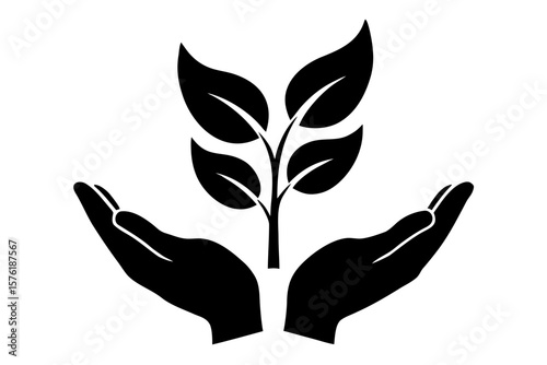 Hands holding plant sprout growth care nature silhouette vector illustration