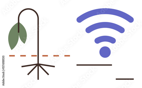 Wilting plant with detached roots beside a wireless signal icon, representing nature and technology challenges. Ideal for sustainability, connectivity, innovation, technology impact, balance