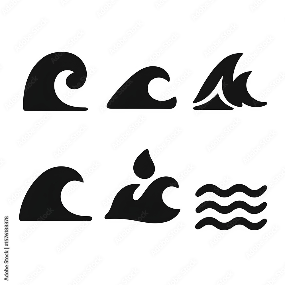Obraz premium Fluid Pictogram Set Wave Silhouette Icons, Vector Signs - Capture the essence of ocean motion with this versatile set of wave icons. Silhouette pictogram, black and white, Flat black