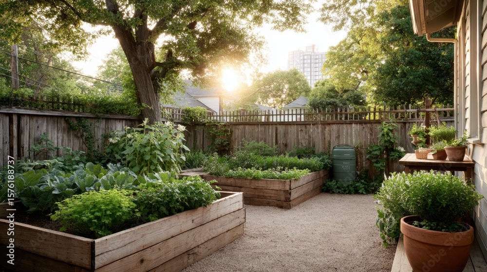 Obraz premium Beautiful urban garden in a residential backyard at sunset with fresh vegetables and herbs growing