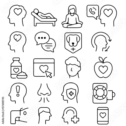 A comprehensive collection of line art icons, offering visual representations of mental health, love, well-being and psychological concepts in a minimalist, clean style.