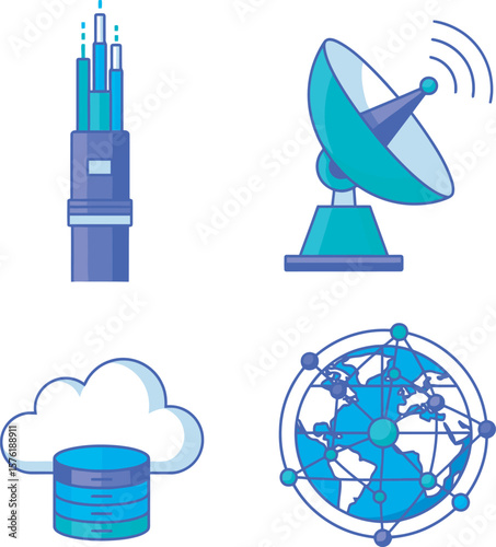 Illustration of fiber optic cable, satellite dish, cloud storage, and a global network.