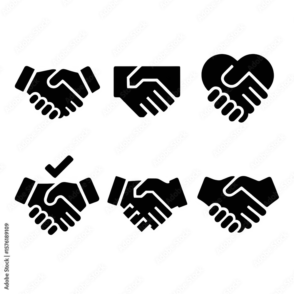Obraz premium Pictogram Set of Handshake Silhouette Signs and Icons Business Agreements, Collaboration, Partnership, and Teamwork Silhouette pictogram, black and white, Flat black