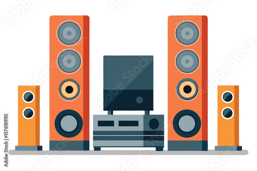 Home Entertainment System Illustration with Tall Speakers and a Media Console Featuring Modern Design Elements and a Minimalist Aesthetic