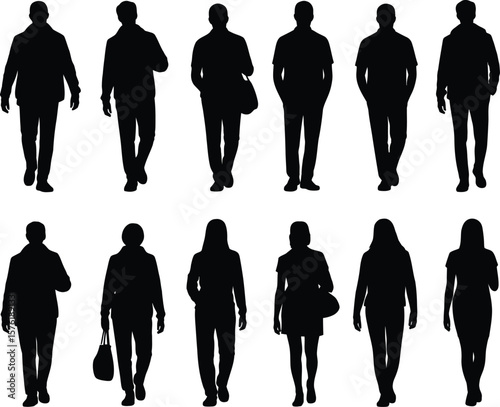Black silhouettes of people arranged neatly in two rows against a brilliant white background.