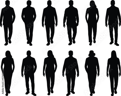 Black silhouettes of people arranged neatly in two rows against a brilliant white background.