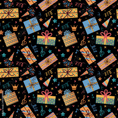 Vector seamless holiday pattern with gift boxes, party poppers, stars and music notes on black background. Perfect for holiday wallpapers, wrapping paper and textiles.