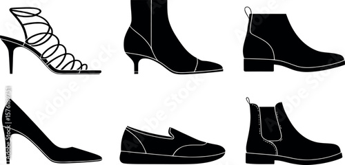 Collection of six different black shoe silhouettes on a white background