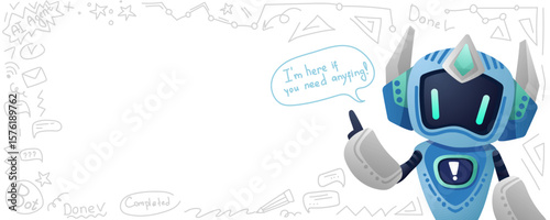 Cute artificial intelligence chat bot. Banner concept with copy space for your text, AI servers help technology background. Online communication, support assistance, cartoon digital agent. Vector illu