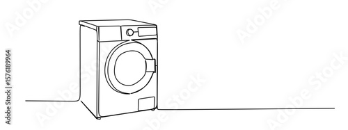 continuous single line drawing of washing machine and hamper with laundry, line art vector illustration