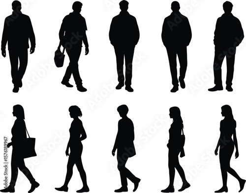 Black silhouettes of people arranged neatly in two rows against a brilliant white background.