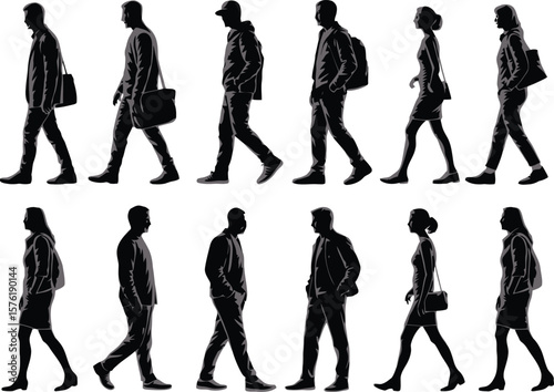 Black silhouettes of people arranged neatly in two rows against a brilliant white background.