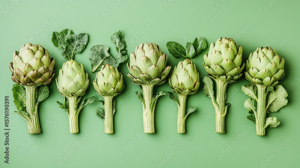 Fototapeta premium Fresh artichokes arranged in a horizontal row.