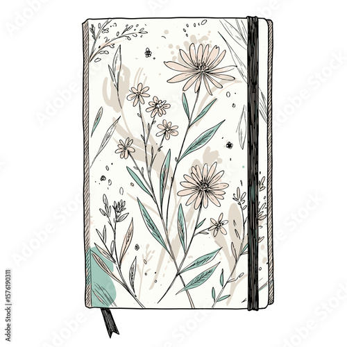 Floral notebook with illustrated flowers and leaves on cover  