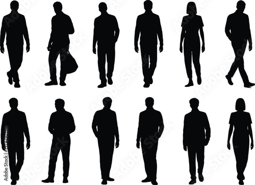 Black silhouettes of people arranged neatly in two rows against a brilliant white background.