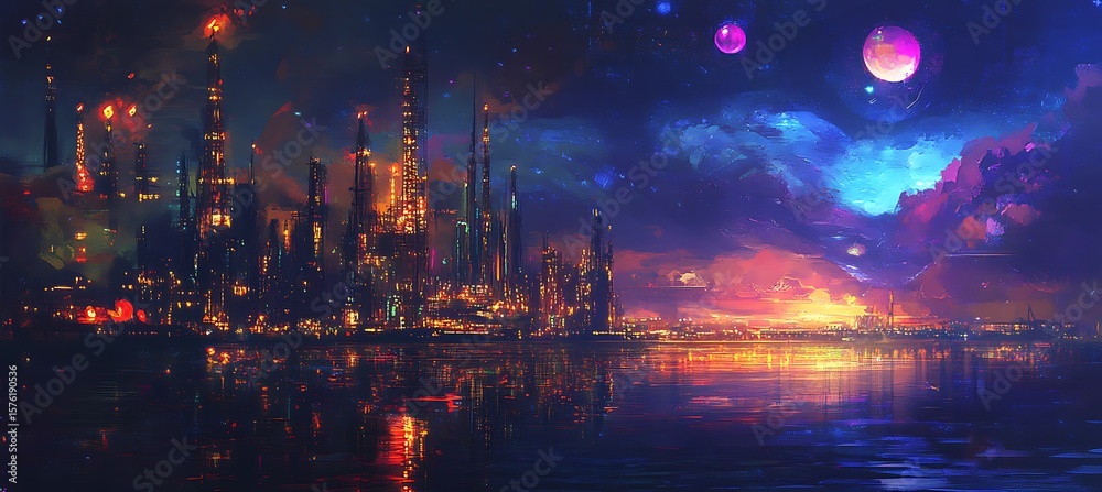Fototapeta premium Night view of a massive oil refinery glowing under industrial lights and smoke trails