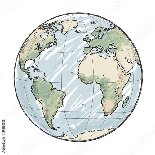 Hand-drawn globe illustration showing continents and oceans  