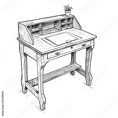 Wooden writing desk with drawers and a decorative plant on top  