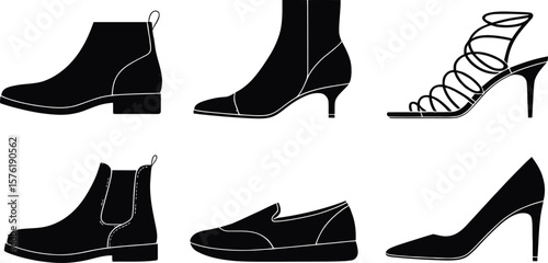 Collection of six black silhouette footwear icons including boots heels and flats