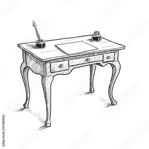 Vintage desk with ink pot and feather quill on surface  