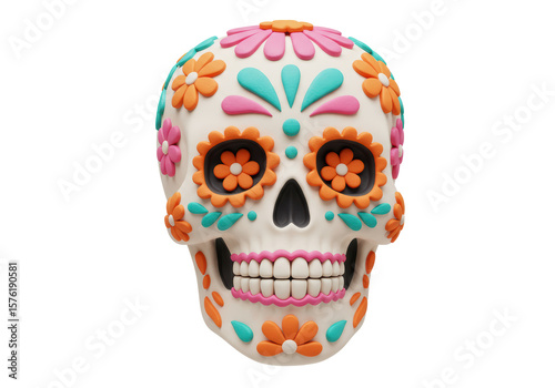 Isolated Day of the Dead Skull with Colorful Flowers