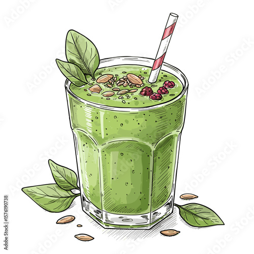 Green smoothie in glass with straw and toppings on white background  