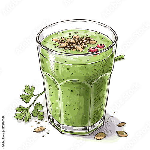 Green smoothie with seeds and herbs in a glass  