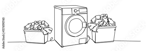 continuous single line drawing of washing machine and hamper with laundry, line art vector illustration