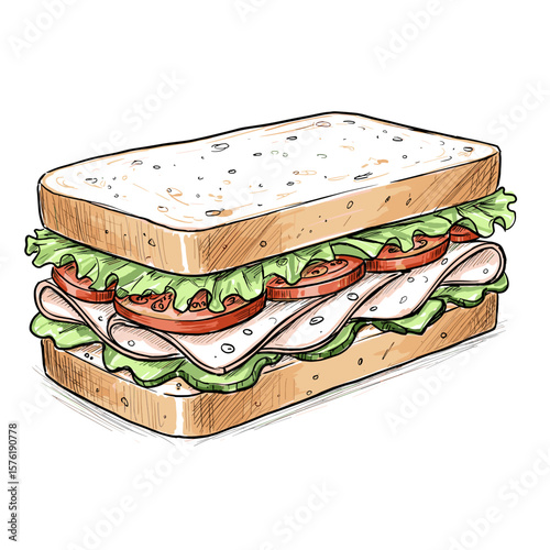 Detailed illustration of a sandwich with lettuce, tomato, and meat  