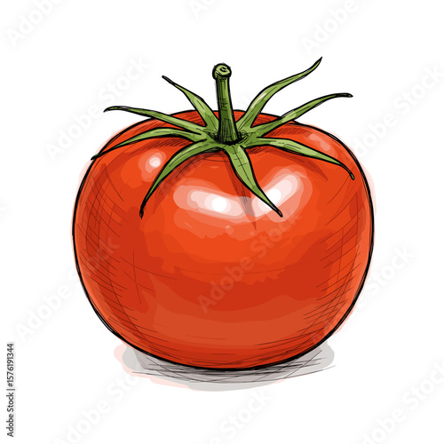 Fresh red tomato with green leaves on top  