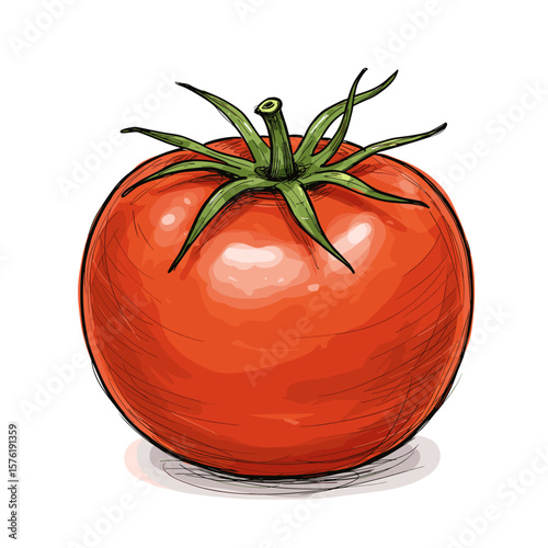 Fresh ripe tomato with green leaves on white background  
